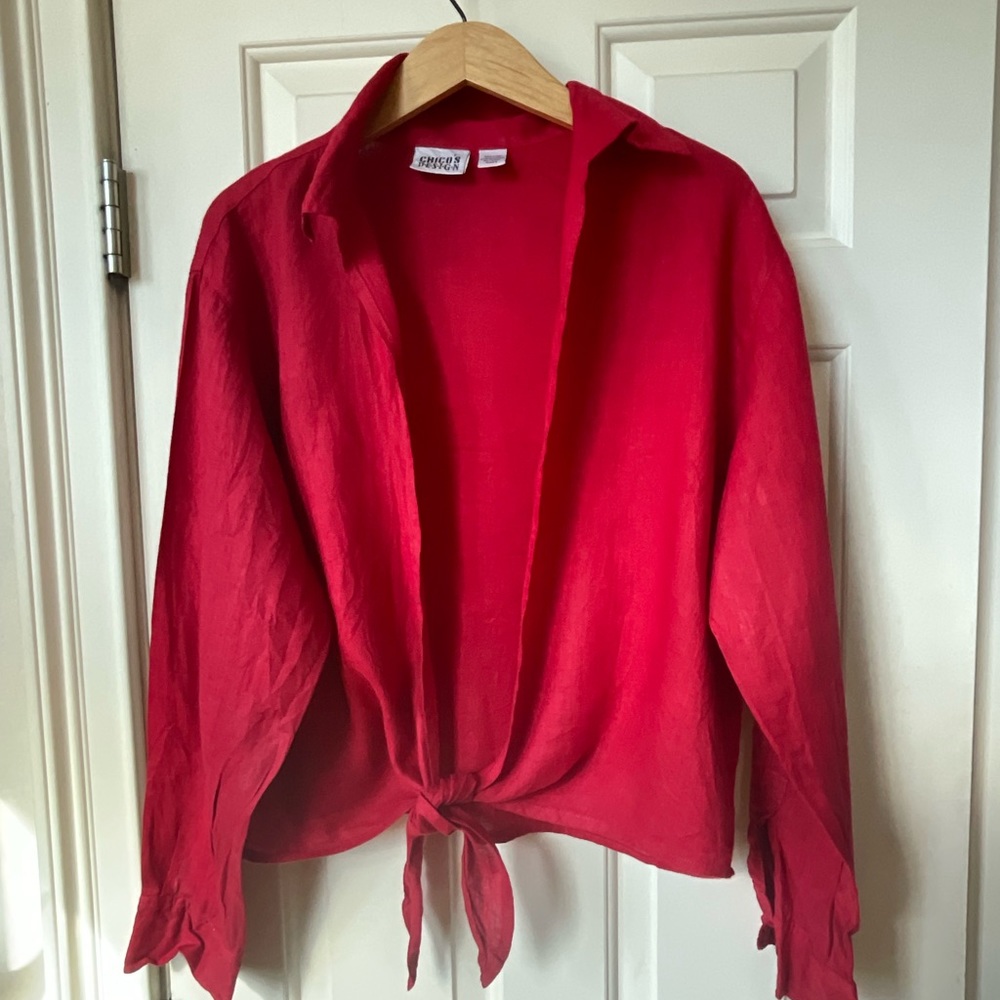 Chicos Linen Tie Front Top
